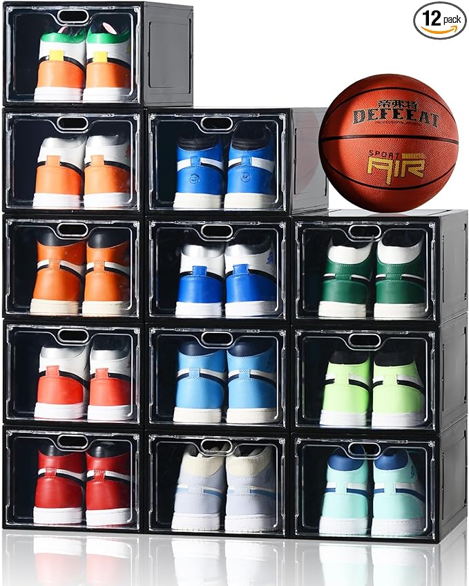 INSTY 12 Pack Large Shoe Storage Box, Clear Shoe Storage Organizer with Magnetic Door, Stackable,Shoe Containers For Display Sneakers, Easy Assembly, Fit up to US Size 12, Black