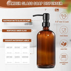 Kitchen Soap Dispenser Set with Wood Riser Tray, Amber Glass Soap Dispenser with Stainless Steel Pump, Hand and Dish Soap Dispenser Set for Kitchen, Soap and Lotion Dispenser Bathroom Decor(Amber)