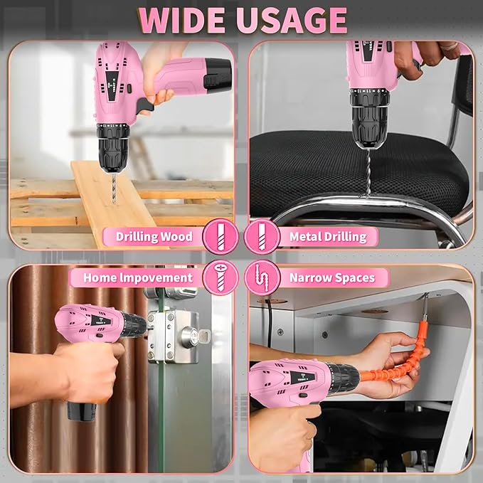 Tegatok Cordless Drill Set,12V Power Drill Set with Battery and Charger, Electric Driver Drills Bits, 3/8'' Keyless Chuck,18+1 Torque Setting with LED Electric Drills Set, Pink