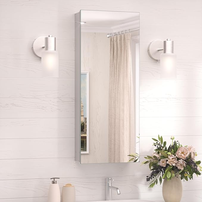 TokeShimi 15 x 36 Farmhouse Medicine Cabinet Recessed or Surface Mount Aluminum, Mirror with Stepless Adjustable Storage, Silver Bathroom Mirror Medicine Cabinet Frameless Metal Modern