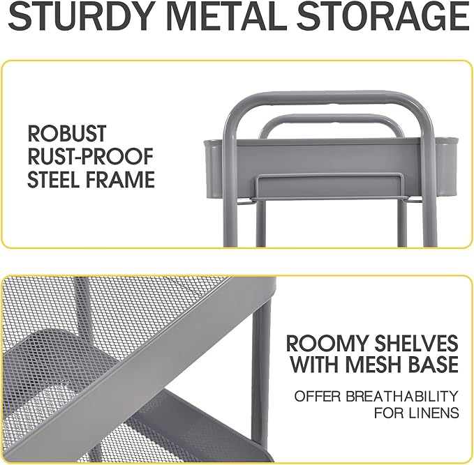 TOOLF 3-Tier Metal Rolling Cart with Wheels, Storage Utility Organizer Cart for Kitchen, Bathroom, Office, Baby Essentials & Makeup - Lockable Casters, Easy Assembly, Large Capacity, Gray
