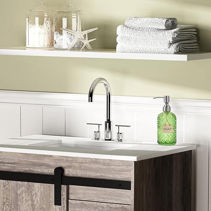 Bathroom & Kitchen Glass Hand and Dish Soap Dispenser with 304 Rustproof Stainless Steel Pump (Green-2pack)