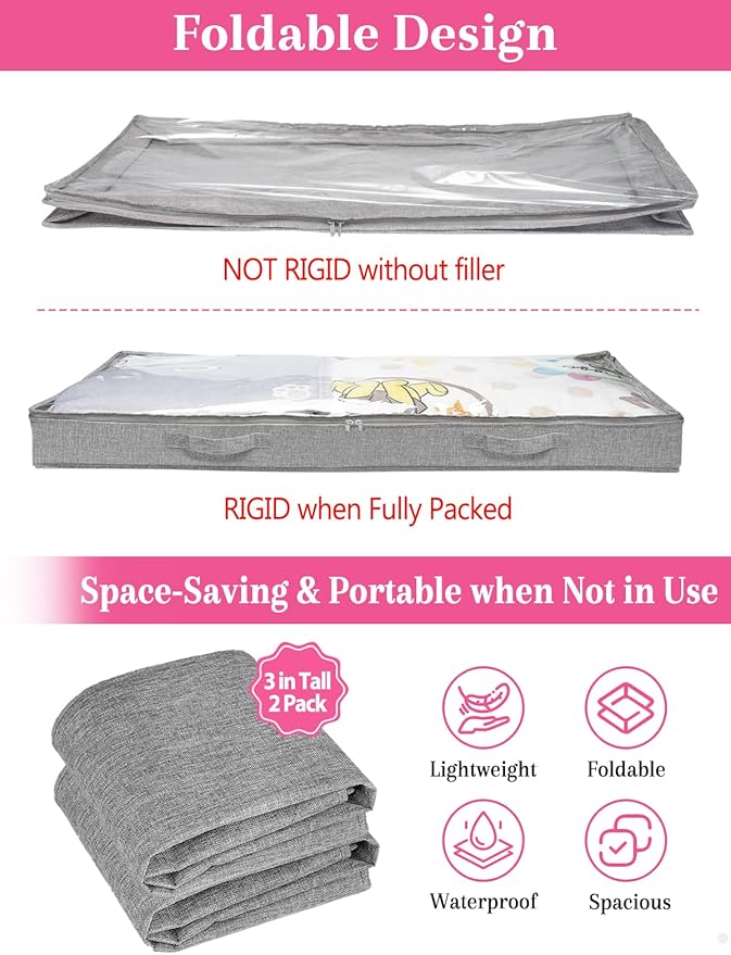 Low Profile Under Bed Storage, 3 Inches High Underbed Storage Containers Bins, NO STRUCTURE, Foldable Clothes Storage and Organizer with Lid & Zipper, Shallow Storage for Low Bed Couch Crib, 2-Pack