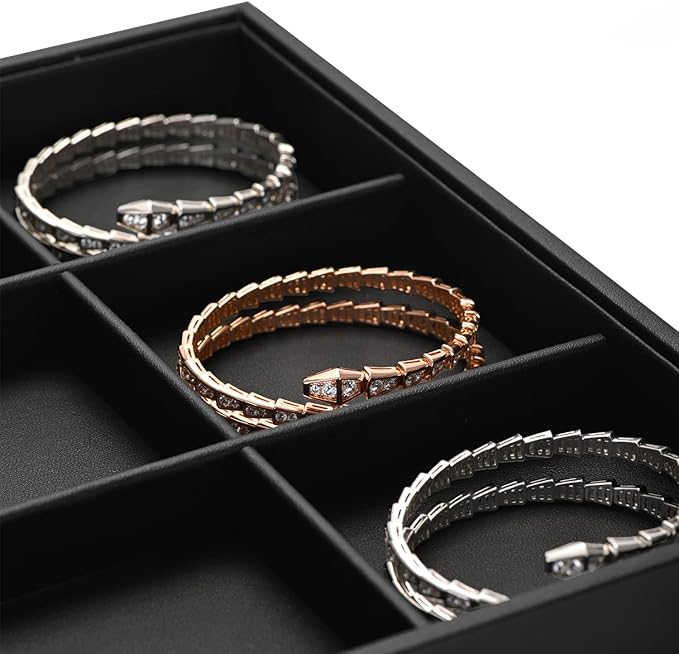 Oirlv Black Leather Jewelry Display Tray 12 Grid Jewelry Drawer Organizer Bracelet Bangle Organizer Independent Storage