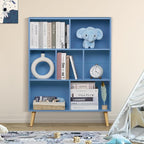 YAHARBO 7 Cube Bookshelf, Blue Kids Book Shelf with Cubby Storage,Wooden Modern Bookcase with Legs,3 Tier Freestanding Display Book Case,Children Toy Organizer,Bookshelves for Office,Nursery,Playroom