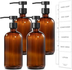 GMISUN Amber Glass Soap Dispenser, 4 Pack Bathroom Hand Soap Dispensers with Stainless Steel Flat Pump, 17 Fl Oz Kitchen Dish Soap Dispenser, Modern Vintage Liquid Brown Soap Dispensers Bottle Set