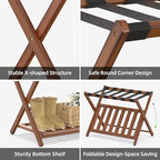 BAMBOOHOMIE 2 Pack Bamboo Luggage Rack for Guest Room, 26.77" Folding Wide Suitcase Stand with Storage Shelf, Thickened Luggage Stand Holder for Bedroom Hotel, Luggage Rack for Suitcases (Brown)