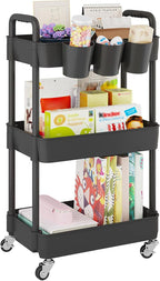 UDEAR 3-Tier Rolling Utility Cart,Multifunctional Storage Shelves with Handle and Lockable Wheels for Room,Office,Kitchen,Bathroom,with 3 Hanging Cups,Black