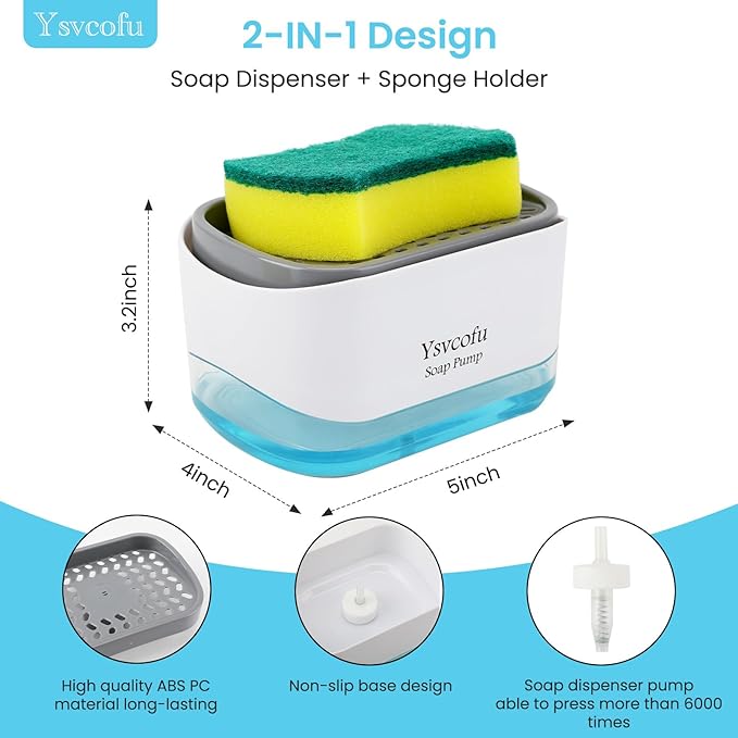 Dish Soap Dispenser with 6 Kitchen Sponges for Kitchen Sink,1 Foldable Silicone Funnel,1 Dishwashing Liquid Dispenser for Kitchen -2-in-1 Soap Dispenser with Sponge Holder