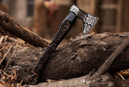 19" Viking Axe with Leather Sheath | Hand-Forged Carbon Steel Engraved Bearded Axe for Camping, Bushcraft, Gifts for Men (Black)