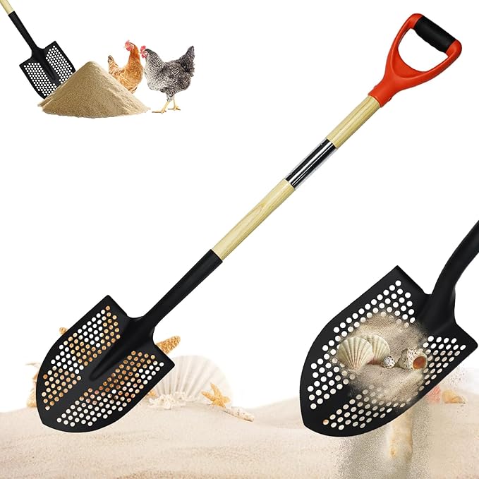 Upgrade Sifting Shovel - 50" Long Sand Sifter Shovel with Hole for Chicken Coop,Mud & Beach Fun, Heavy Duty Rock Sifter, Chicken Poop Scooper for Sand with Ergonomic D-Grip Handle