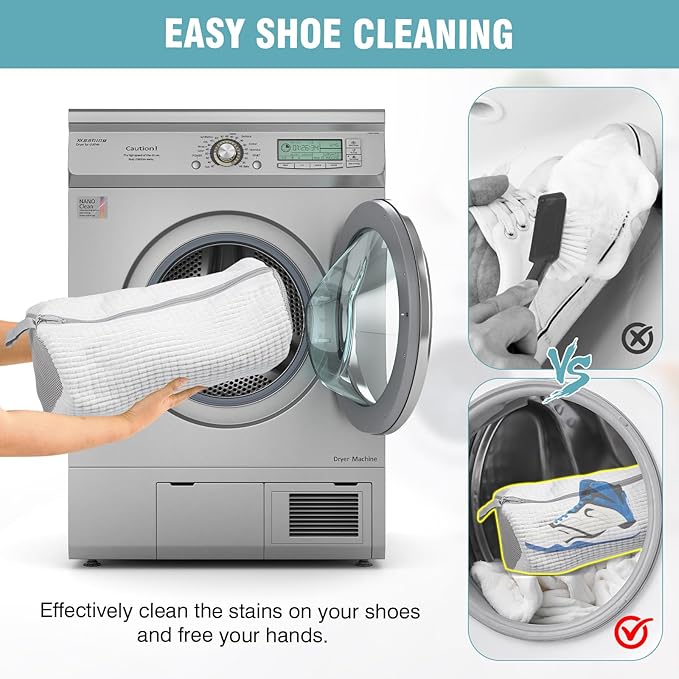 Shoe Washing Machine Bag, 1 Pack Laundry Shoe Bags for Washer and Dryer, Sturdy Zipper with Hook Design,Dry Net Bag Included, Reusable for Sneaker, White 1PCS