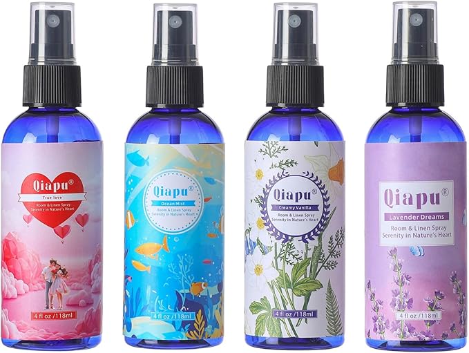 Natural Bedroom Linen Spray Scented Room Mist with Plant Extracts Long Lasting Freshness for Sheets, Pillows & Curtains – 4oz（4Bottle）
