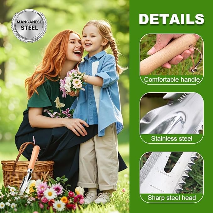 5-in-1 Weed Puller Tool with Wood Handle, Multifunctional 13inch Wooden Trowel Garden Tool, Trowel Garden Tool for Planting Weeding Digging Transplanting Cutting Measuring (1 PCS)