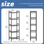 HITNET 5 Tier Narrow Bookshelf, Bamboo Bookcase, Slim Tall Storage Rack Free Standing Shelving Unit with Adjustable Shelves for Living Room Bedroom Bathroom, Black