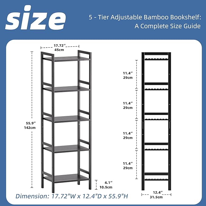 HITNET 5 Tier Narrow Bookshelf, Bamboo Bookcase, Slim Tall Storage Rack Free Standing Shelving Unit with Adjustable Shelves for Living Room Bedroom Bathroom, Black