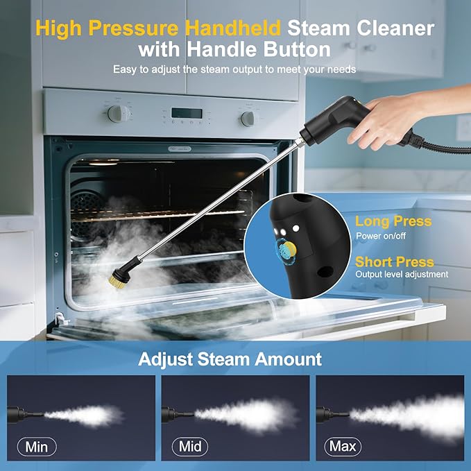 Handheld Steam Cleaner with Handle Button Control, 2500W High Pressure Steamer for Cleaning, 3-Level Adjustable, 15s Heat-Up, 1.6L Water Tank, Portable Steam Cleaning Machine for Home Car Dirt Grease