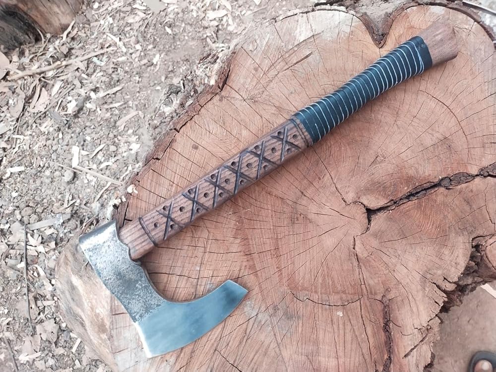 Kacha Store | custom handmade Viking medieval Axe with Viking gift,Hand Axe,Viking Gifts for Men,Camping Tomahawk,Bearded,Valhalla Axe with Leather Sheath (Battle axe) (Ragnar Ax)
