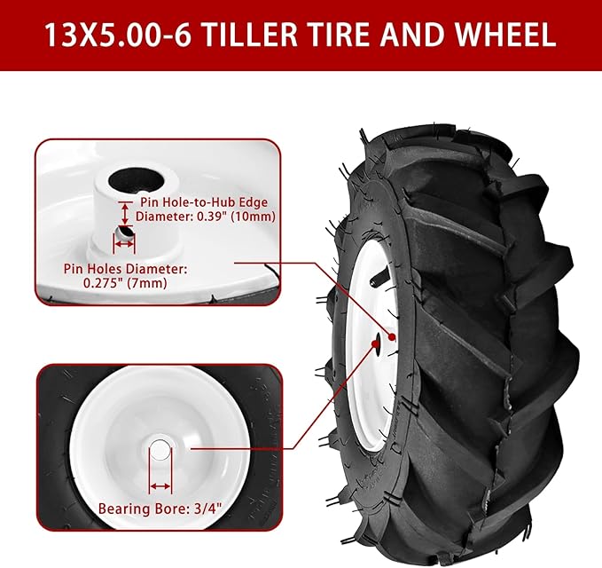 (2 Pack) 13x5.00-6" Tiller Tire and Wheel-Heavy Duty,3/4" Axle & 3-1/8" Centered Hub, Compatible with Craftsman, Troy-Bilt, Lawn Tractors & Tillers – Replacement for Garden, Farm, Landscaping