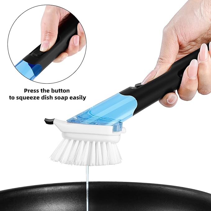 SUBEKYU Dish Brushes with Soap Dispenser, Kitchen Dish Scrubber Brushes with Handle, Dishwashing Cleaning Scrubbers for Dishes/Pans/Pots, Black, 2Pack