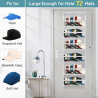 AOODA Clear Over the Door Hat Racks for Baseball Caps, Large Holds up to 72 Caps Hat Storage Organizer for Closet Wall, Deep Pockets Hanging Snapback Holder Shelves with 3 Hooks, White