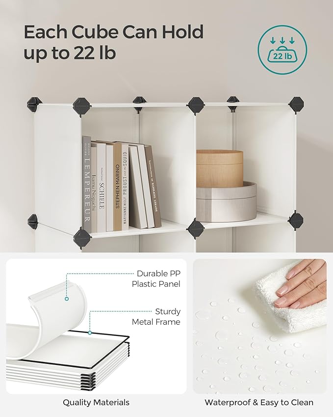 SONGMICS 6 Cube Storage Organizer, Modular Bookshelf, DIY Closet Organizers and Storage, Plastic Stackable Shelves, 11.8 x 11.8 x 11.8 Inch Cubes, with Feet and Rubber Mallet, Cream White ULPC111M01