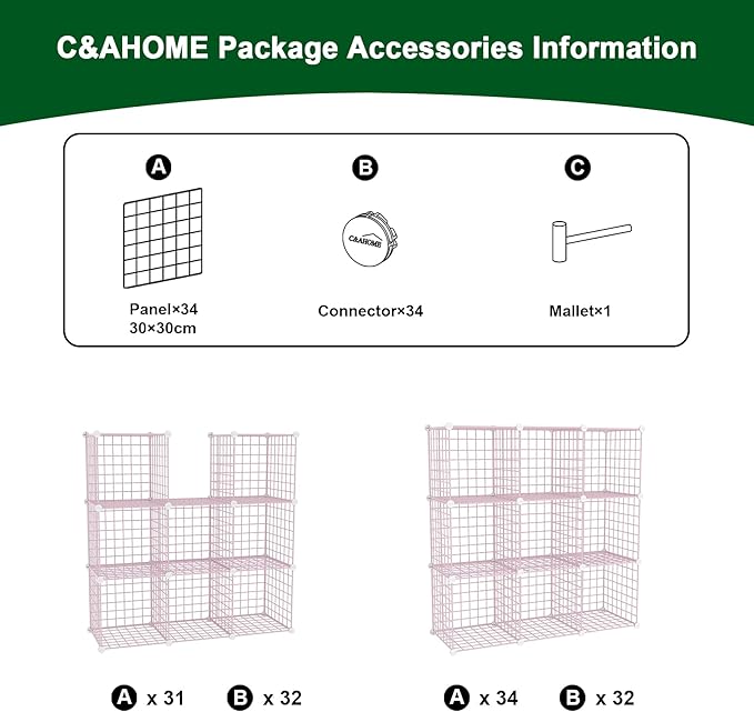 C&AHOME Wire Cube Storage, 9 - Cube Organizer Metal C Grids, Modular Shelves Units, Closet Organizer, Ideal for Home, Office, Living Room, 36.6”L x 12.4”W x 48.4”H, Pink UWCS3009P
