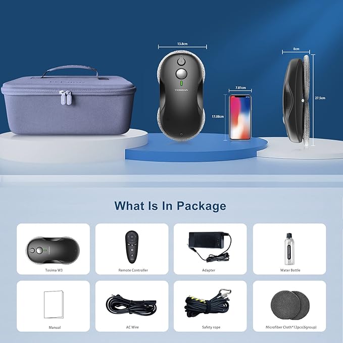 Tosima W3 Window Cleaning Robot - Dual Direction Auto-Spray Smart Window Cleaner with Triple Safety System, Smart Navigation, Remote Control, for All Smooth Surfaces, with 12 Rags, Black