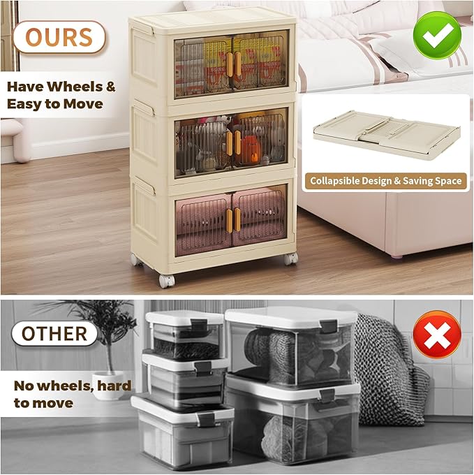 3 Tier Stackable Plastic Storage Bins with Lids 58QT, Collapsible Closet Organizers and Storage with Wheels for Living Room,Office,Dorm