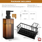 GMISUN Dish Soap Dispenser, 12 Fl oz / 350 ml Dual Soap Dispenser with Sponge Holder, Customized Amber Glass Kitchen Soap Dispensers Set, Modern Hand and Dish Soap Dispensers Set Removable