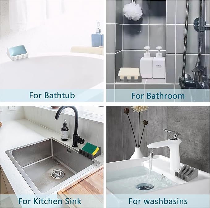Self Draining Soap Dish Holder,Silicone Soap Dish,for Bathroom,Kitchen, Sponges，Can Extend Soap Life，Keep Soap Bars Dry and Easy Cleaning (Light Grey,2-Pack)