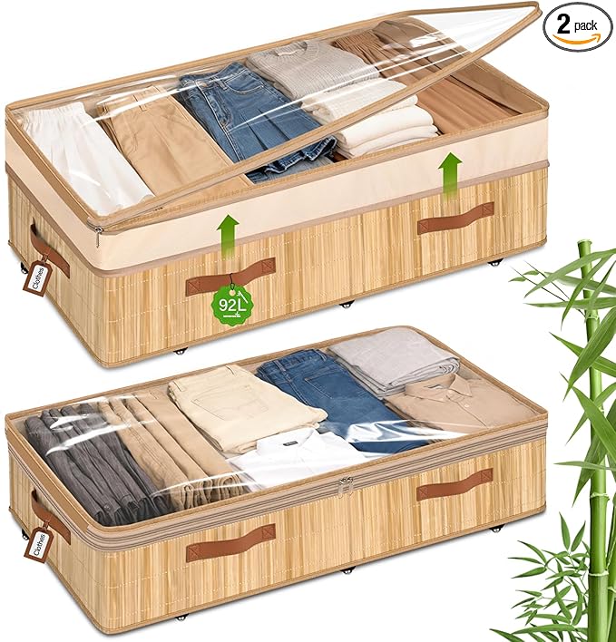 Livole 2 Pack Bamboo Under Bed Storage with Wheels, 6-10 inches Height Adjustable Underbed Storage Containers, 92L XXXL Large Rolling Under Bed Storage Bins for Clothes, Blankets, Sweater, Shoes