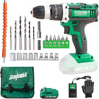 DOGTOOTH 21V MAX Cordless Battery Powered Drill Driver, 1* Battery and Charger, 2 Variable Speed, Build-in LED Lights, 23 Bits Storage Kit - Green