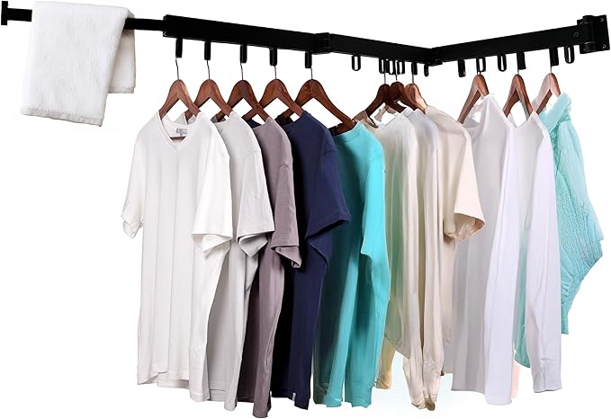 Wall-Mounted Clothes Drying Rack for Laundry Organization, Collapsible & Folding Indoor Hanger Dryer, Sturdy Foldable Clothing Organizer, Black Steel, 220 lb Capacity