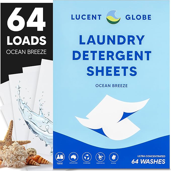 Lucent Globe Laundry Detergent Sheets. Pre-Measured Laundry Sheets. Powerful Stain Removal. Works in All Clothes Washers. (1 Pack - 64 Washes, Ocean Breeze)