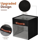 Storage Cube Organizer with Clear Window, Linen Collapsible Storage Boxes with PU Handles, Cube Storage Bins for Shelf, Closet, Cabinet, Bookcase (10.5x10.5x11, Black)