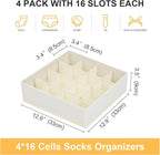 Joyoldelf Sock Drawer Organizer Divider Underwear Organizer 16-cell Fabric Dresser Drawer Organizers Storage Boxes for Socks Lingerie, Handkerchiefs, Ties 4 Pack (Beige)