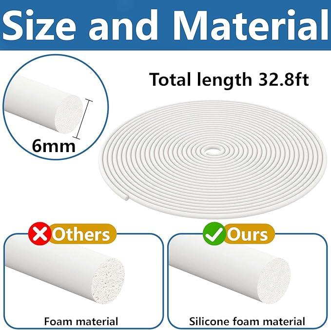 moonoom 32.8Ft Foam Silicone Backer Rod, White Crack Caulk Saver, Concrete Expansion Joint Filler for Wall Tile Gaps Joints Filling and Sealing (1/4 Inch)