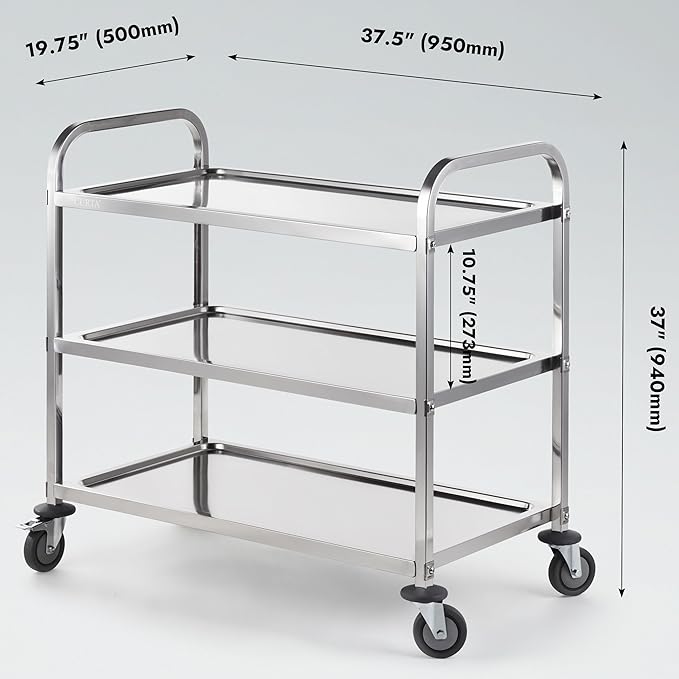 CURTA Stainless Steel Serving Trolley, 38" L x 20" W x 37" H 3 Tiered Shelf Kitchen Utility Cart, Rolling Casters Brake Wheel, Commercial Pro for Restaurant/Hotel/Lab/Clinic/Salon/Workshop