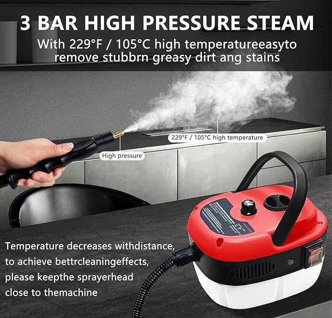 Handheld Steam Cleaner, 2500W Pressurized Steam Cleaner with 3 Brush Heads, Portable Steam Cleaner for Home, Car, Furniture, Kitchen, Bathroom and Wall, Red