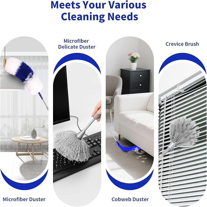 5PCS Dusters for Cleaning, Extendable Microfiber Duster with Extension Pole Up to 100'', Bendable Washable Cleaner Dusters for Cleaning Fan, High Ceiling, Blinds, Furniture, Car