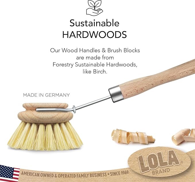 Lola Products - The Original - Tampico Vegetable & Dish Wood Brush, 3" Head, Sustainable, Tampico Bristles, Easy Head Only Replacement, 1 Pack