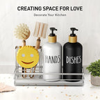 Moforoco Kitchen Dish Soap Dispenser Set, 16OZ Glass Bottle, Hand and Dish Soap Dispenser Set, Instant Dry Tray, Non-Slip Silicone Pad, Brush Holder with Smiley Face Sponge Holder, Kitchen Decor