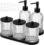 Yaomiao 5 Pack Bathroom Accessories Set, Modern Bathroom Decor Sets, Glass Liquid Soap Dispenser, Vanity Tray, Toothbrush Holder, Cotton Swab Jars with Lids for Sink Countertop(Clear,Striped)