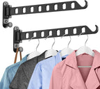 Laundry Drying Rack - Wall Mounted Clothes Hanger with Swing Arm, 8-Hole Hanging Bar & Swing Away Coat Hanger Holder, Foldable Space Saving, 180° Rotation (2-Pack, Black)