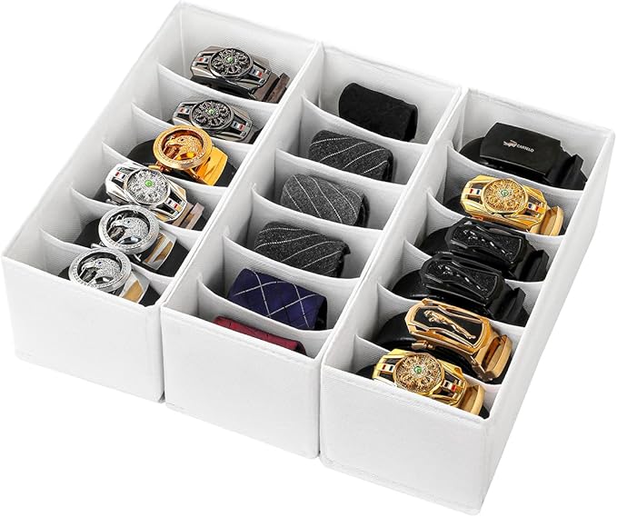 3 Packs Fabric Belt Organizer, 6 Grids Belt Organizer for Closet and Drawer, Foldable Dresser Drawer Organizers, Tie Holder -White
