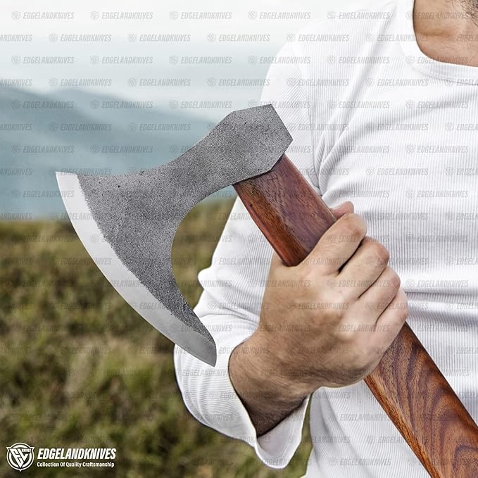Bearded Viking Axe With Sheath - 16 Inches, Heavy Duty Damascus Head With Durable Rose Wood Handle for Men (EL20)