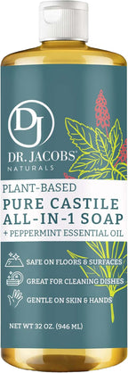 Dr. Jacobs Naturals Peppermint Castile All-in-One Cleaner and Soap - Plant-Based Formula for House Cleaning Floors and Appliances - Gentle on Skin and the Planet - 32 oz, 1 Pack