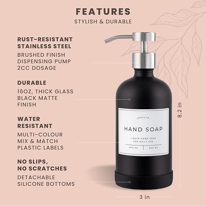 16oz Glass Soap Dispenser with Stainless Steel Pump, 21 Waterproof Labels, Non-Slip Protective Silicone Pad, Set of 2 for Bathroom & Kitchen (Matte Black Bottle/Brushed Silver Pump)
