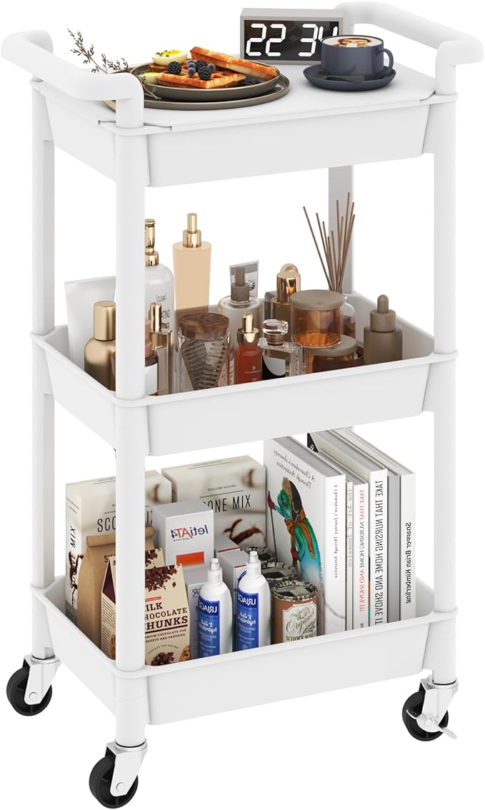 3-Tier Utility Rolling Cart with Cover Top Board, Mobile Utility Cart with Lockable Casters Multi-Functional Storage Trolley for Office, Bathroom, Kitchen, Garden, Laundry Room (White)